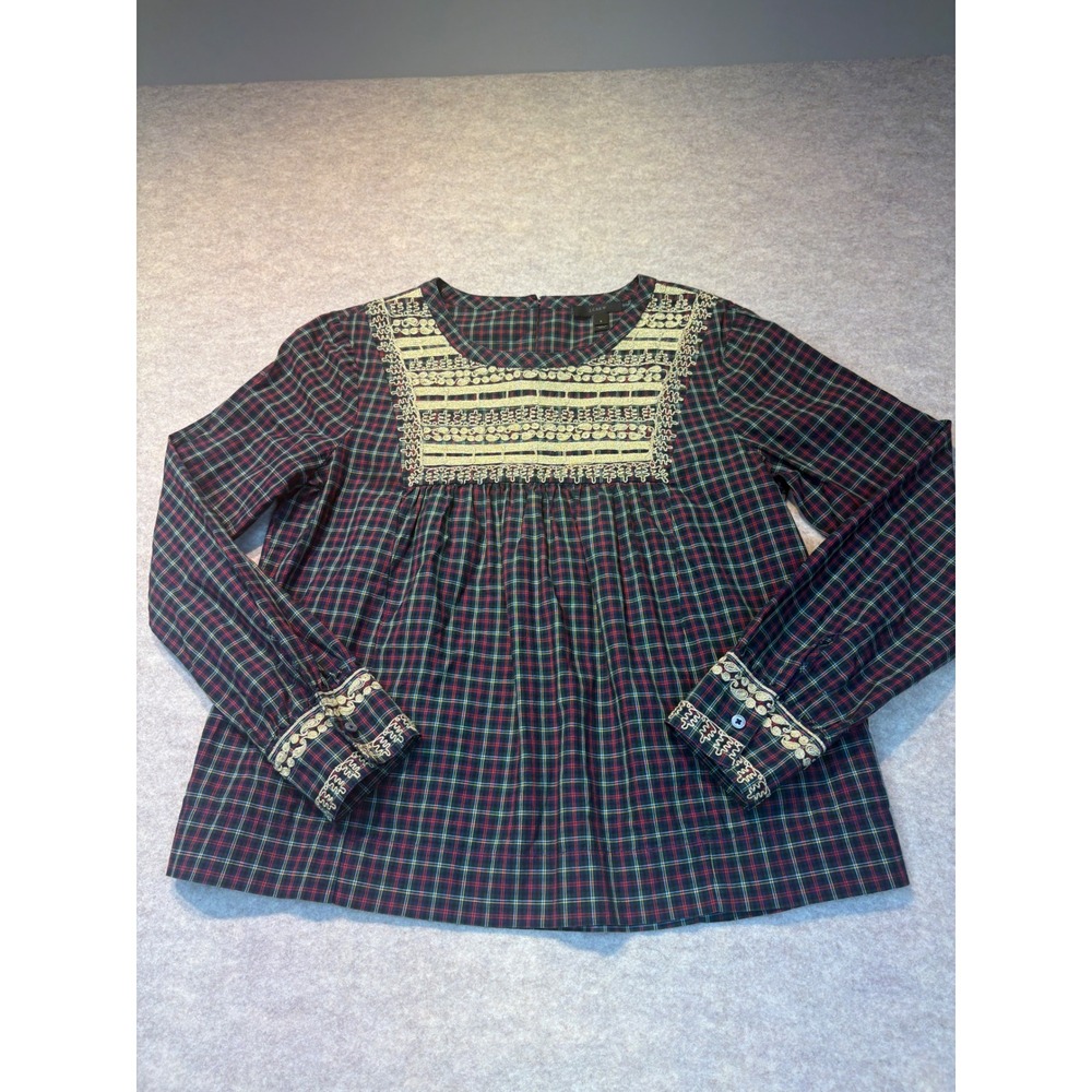 J.Crew Womens Plaid Gold Metallic Embroidered Bib Blouse Navy Green Red Small